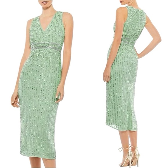Mac Duggal Sequin Sheath Midi Dress Formal Party Evening Sage Green Size 6 NWT - Picture 1 of 12